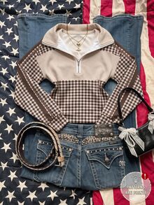 Muchica Casual sweatshirt för kvinnor med patchworkrutigt mönster, dragkedja, halvknäppning och långa ärmar - Multifärgad - Visa 6