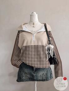 Muchica Casual sweatshirt för kvinnor med patchworkrutigt mönster, dragkedja, halvknäppning och långa ärmar - Multifärgad - Visa 7