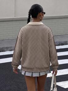 Muchica Casual sweatshirt för kvinnor med patchworkrutigt mönster, dragkedja, halvknäppning och långa ärmar - Multifärgad - Visa 2