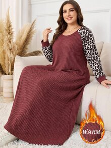SHEIN LUNE فستان طويل بأكمام طويلة للنساء ذوات الأحجام الكبيرة، بياقة على شكل حرف V وأكمام راغلان، بتصميم رقعات وطبعة نمر، مضلع ومصقول ناعم ومريح، فستان كاجوال للخريف/الشتاء - بني - مشاهدة 1