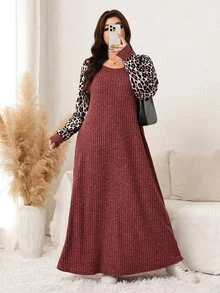 SHEIN LUNE فستان طويل بأكمام طويلة للنساء ذوات الأحجام الكبيرة، بياقة على شكل حرف V وأكمام راغلان، بتصميم رقعات وطبعة نمر، مضلع ومصقول ناعم ومريح، فستان كاجوال للخريف/الشتاء - بني - مشاهدة 5