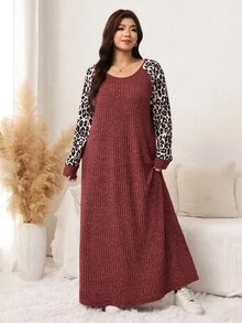 SHEIN LUNE فستان طويل بأكمام طويلة للنساء ذوات الأحجام الكبيرة، بياقة على شكل حرف V وأكمام راغلان، بتصميم رقعات وطبعة نمر، مضلع ومصقول ناعم ومريح، فستان كاجوال للخريف/الشتاء - بني - مشاهدة 7