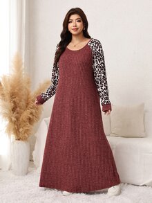 SHEIN LUNE فستان طويل بأكمام طويلة للنساء ذوات الأحجام الكبيرة، بياقة على شكل حرف V وأكمام راغلان، بتصميم رقعات وطبعة نمر، مضلع ومصقول ناعم ومريح، فستان كاجوال للخريف/الشتاء - بني - مشاهدة 3
