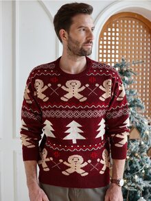 Manfinity Homme 男士薑餅人圖案圓領長袖休閒毛衣聖誕款 - 紅色 - 查看 3