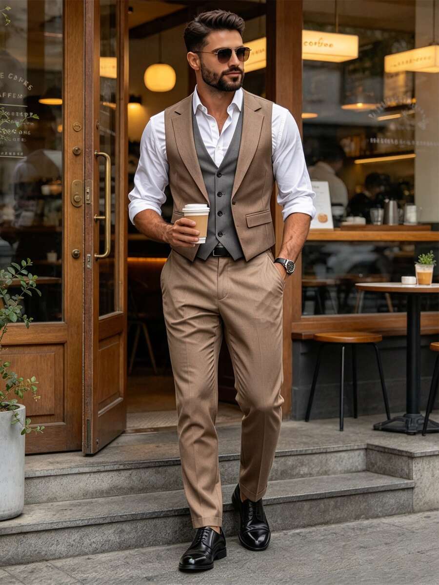 Manfinity Bizformal Men's Solid Color Single-Breasted Vest And Trousers Suit Set Wedding Business Office Brown Grey Fall Casual Streetwear - Multicolor - View 1