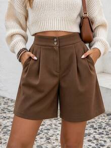 EMERY ROSE CURVE Women's Brown Elegant Commute Plus Size Shorts In Thin Wool Fabric, Autumn/Winter - Brown - View 1