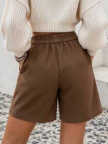 EMERY ROSE CURVE Women's Brown Elegant Commute Plus Size Shorts In Thin Wool Fabric, Autumn/Winter - Brown - View 2
