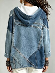 SHEIN Franclia 女款牛仔效果印花長袖寬鬆連帽休閒衛衣 - 彩色 - 查看 3