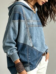 SHEIN Franclia 女款牛仔效果印花長袖寬鬆連帽休閒衛衣 - 彩色 - 查看 4