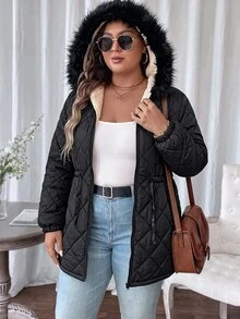 Comfylo Plus Size Women's Solid Color Long Sleeve Zipper Front Drawstring Waist Hooded Winter Jacket Holiday Going Out Black Casual Anti Social - Black - View 2