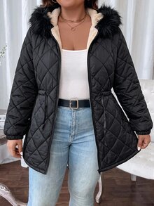 Comfylo Plus Size Women's Solid Color Long Sleeve Zipper Front Drawstring Waist Hooded Winter Jacket Holiday Going Out Black Casual Anti Social - Black - View 6