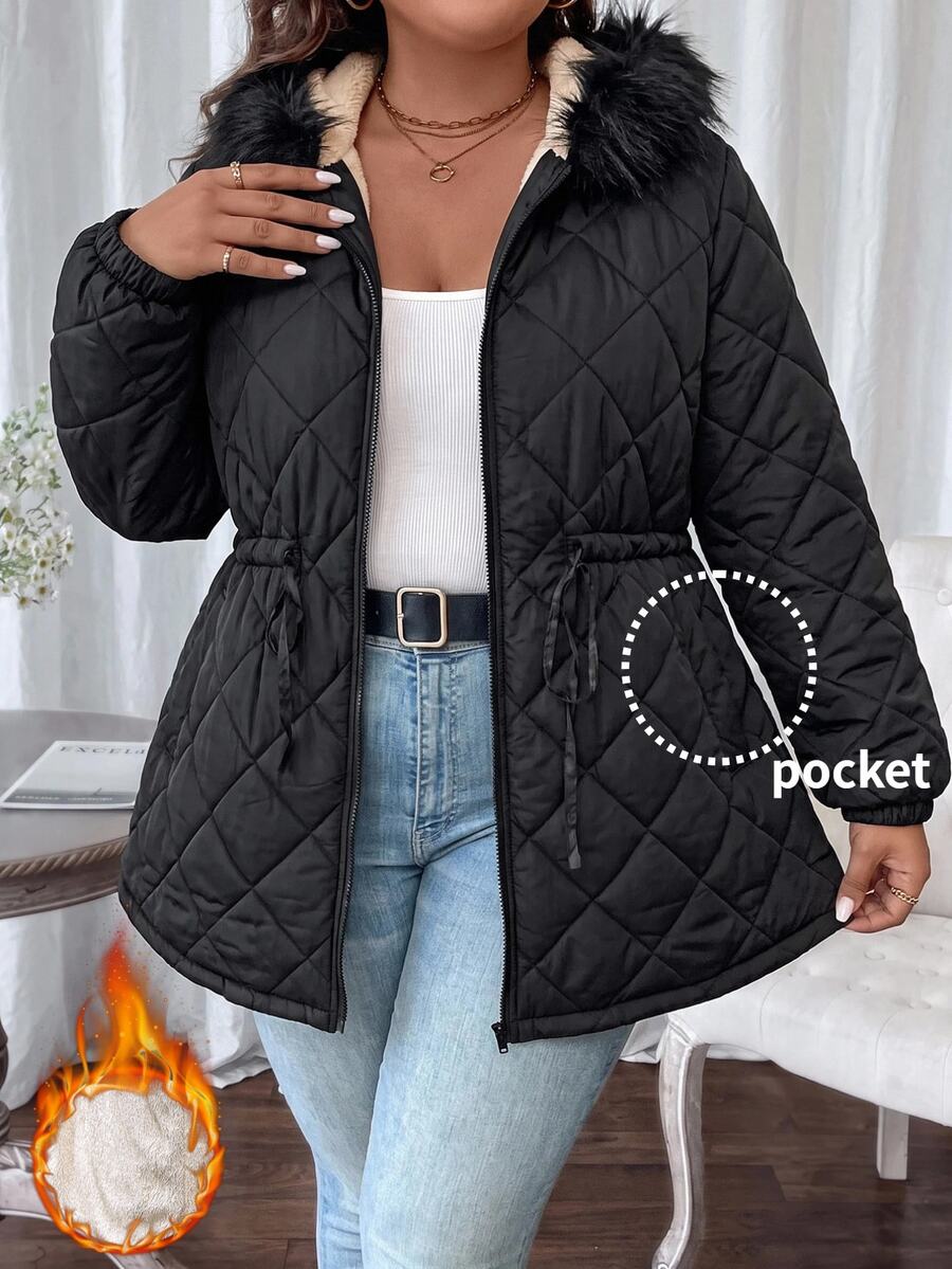 Comfylo Plus Size Women's Solid Color Long Sleeve Zipper Front Drawstring Waist Hooded Winter Jacket Holiday Going Out Black Casual Anti Social - Black - View 1
