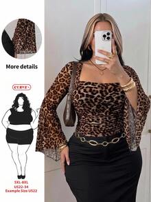 SHEIN CURVE+ Women's Plus Size Retro Sexy Millennial Style Y2K Urban Modern Avant-Garde Square Neck Flared Ruffle Long Sleeve Brown Leopard Print Mesh Top Fall - Multicolor - View 1