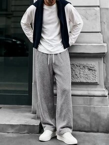 Manfinity CasualCool 男士純色抽繩腰口袋街頭風寬鬆運動長褲，黑色與白色條紋大廓形寬腳喇叭褲，度假秋季海灘風 - 彩色 - 查看 3