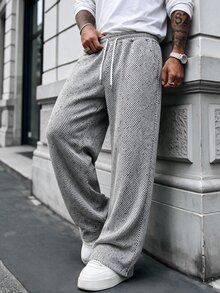Manfinity CasualCool 男士純色抽繩腰口袋街頭風寬鬆運動長褲，黑色與白色條紋大廓形寬腳喇叭褲，度假秋季海灘風 - 彩色 - 查看 7