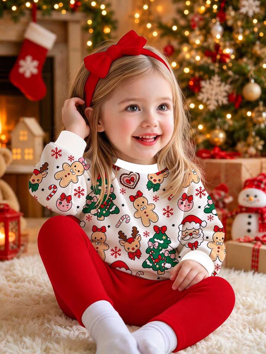 聖誕快樂，女嬰休閒可愛聖誕老人薑餅人馴鹿聖誕樹雪花圖案，聖誕紅節慶柔軟厚實圓領長袖衛衣緊身褲，適合秋冬女嬰聖誕節慶穿著，可愛 - 彩色 - 查看 1