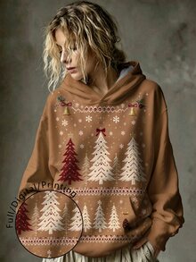 Breezaya 休閒聖誕樹刺繡圖案印花運動衫，附口袋，大尺碼女款休閒秋冬長袖運動服，適合秋冬日常穿著 - 彩色 - 查看 1