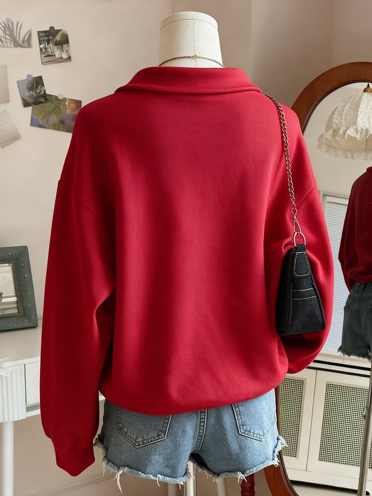 Teen Girls Christmas Reindeer Print Half-Zip Polo Sweatshirt, Christmas Print Sweet Girl Long Sleeve Sweatshirt, Exquisite Teen Girls Classic Striped Sweatshirt, Suitable For Autumn/Winter, Unique Reindeer Pattern, Simple Casual Daily Style, Back To School Essential, Comfortable And Easy To Wear, Family Outings - Multicolor - View 2