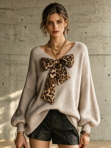 SHEIN LUNE كنزة نسائية أنيقة فرنسية بياقة V وطبعة نمر، مع فيونكة من القماش وأكتاف منسدلة وأكمام فانوس فضفاضة وحافة مضلعة، رمادية بطبعة نمر، مناسبة للبرانش والخريف - متعدد الألوان - مشاهدة 4