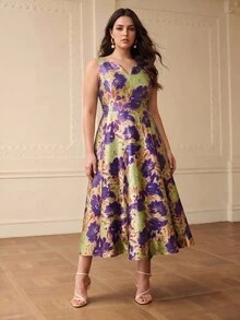 ZEYLAH Plus Size Women's Elegant Sleeveless Jacquard V-Neck Dress - Purple - View 5