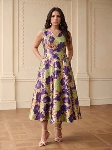 ZEYLAH Plus Size Women's Elegant Sleeveless Jacquard V-Neck Dress - Purple - View 3