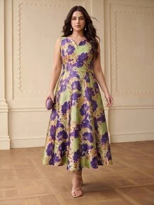 ZEYLAH Plus Size Women's Elegant Sleeveless Jacquard V-Neck Dress - Purple - View 4