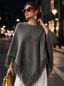 Anewsta French Lazy Ribbed Knit Cape, Tassel Edge Batwing Sleeve Loose Slimming Autumn/Winter Shawl Outerwear - Grey - View 3