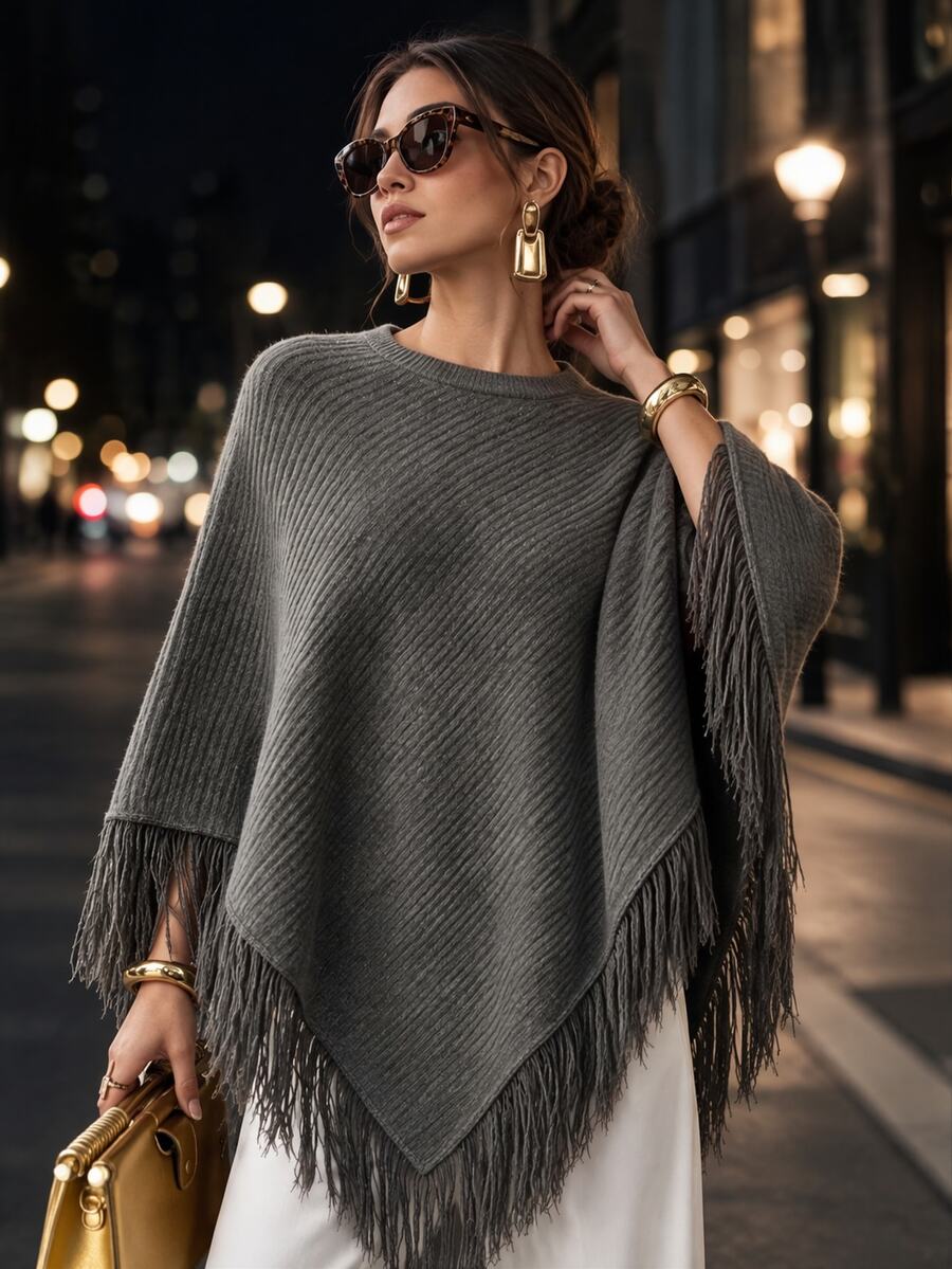 Anewsta French Lazy Ribbed Knit Cape, Tassel Edge Batwing Sleeve Loose Slimming Autumn/Winter Shawl Outerwear - Grey - View 1