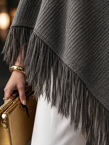 Anewsta French Lazy Ribbed Knit Cape, Tassel Edge Batwing Sleeve Loose Slimming Autumn/Winter Shawl Outerwear - Grey - View 6