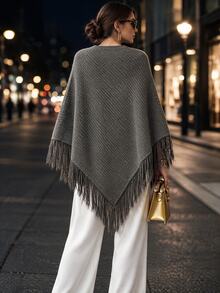 Anewsta French Lazy Ribbed Knit Cape, Tassel Edge Batwing Sleeve Loose Slimming Autumn/Winter Shawl Outerwear - Grey - View 2