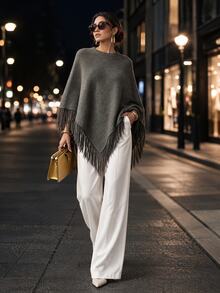 Anewsta French Lazy Ribbed Knit Cape, Tassel Edge Batwing Sleeve Loose Slimming Autumn/Winter Shawl Outerwear - Grey - View 5