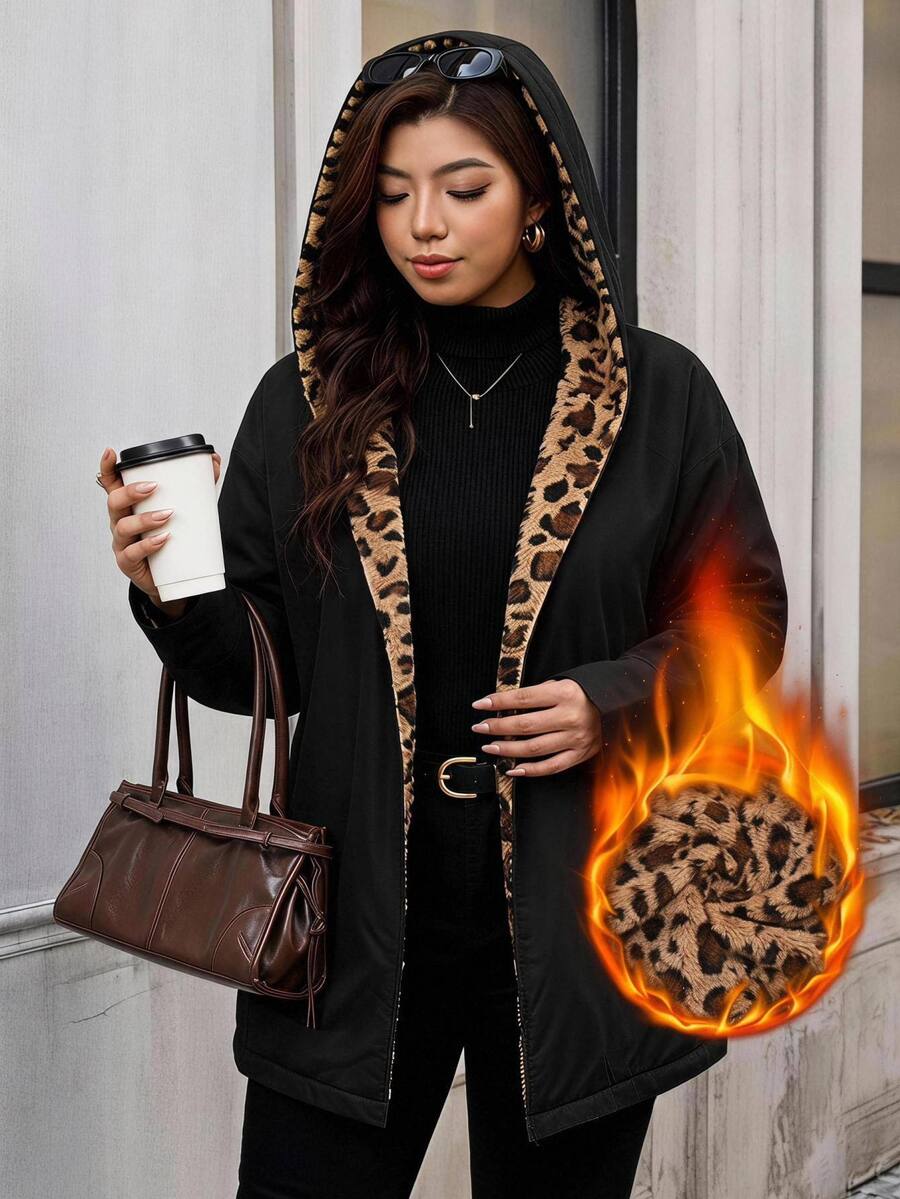 SHEIN Clasi 大尺碼豹紋保暖內裡休閒性感寬鬆西式優雅夾克,秋冬正式教師款黑色,適合夜店、居家、派對、辦公室與外出穿著 - 黑色 - 查看 1