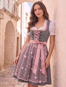 Fairmaia New Lace Patchwork Contrast Color Design Ruffled Collar Waist-Cinching Slimming Elegant Beer Festival Dress - Multicolor - View 4
