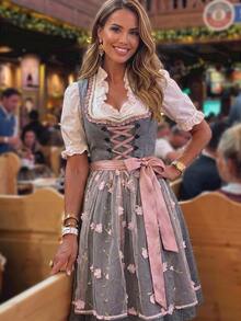 Fairmaia New Lace Patchwork Contrast Color Design Ruffled Collar Waist-Cinching Slimming Elegant Beer Festival Dress - Multicolor - View 3