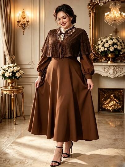 Rometta Autumn Women's Elegant Fashion V-Neck Long Sleeve Cinched Waist A-Line Dress With Small Stand Collar Lace Ruffle Cape Vintage Exquisite Versatile Coffee Brown Dress For Party Holiday Events Christmas Halloween Daily Wear