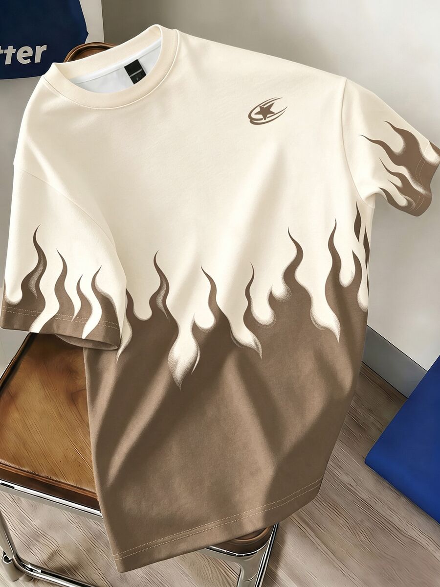 Manfinity Hypemode Men's Five-Pointed Star & Flame Print Crew Neck Short Sleeve Casual T-Shirt - Apricot - View 1