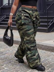SHEIN CURVE+ Plus Size Women's Camouflage Casual Versatile Daily Travel Long Pants, Autumn Style, Suitable For 5XL-8XL Fall - Green - View 2
