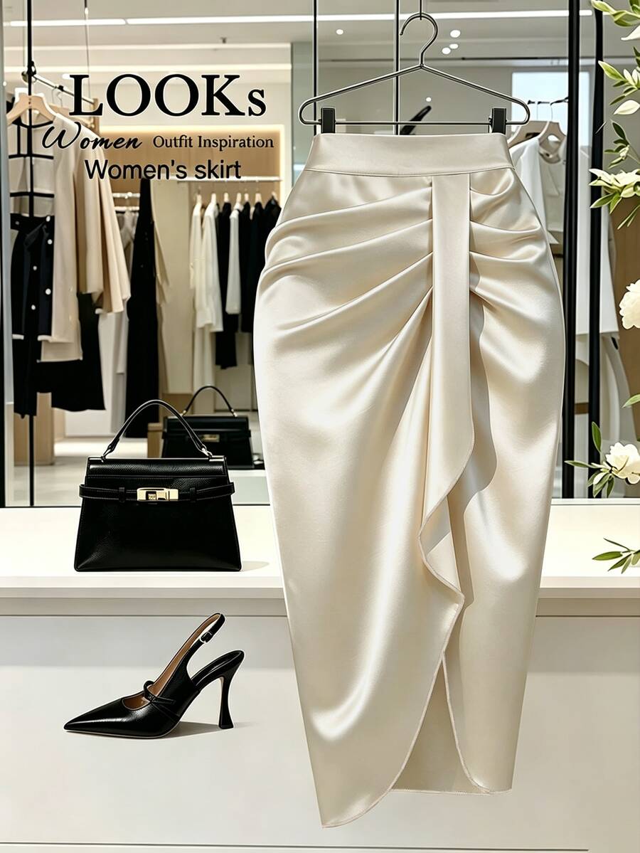 GlowEve CURVE Plus Size Elegant Commuter Solid Color Ruched Skirt Fall - Apricot - View 1
