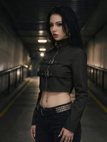 StreetHx Cool Sexy Goth Short Motorcycle Style Eyelet Design Black Trench Coat Jacket Halloween Night Concert Fall - Black - View 7