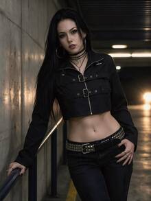 StreetHx Cool Sexy Goth Short Motorcycle Style Eyelet Design Black Trench Coat Jacket Halloween Night Concert Fall - Black - View 4