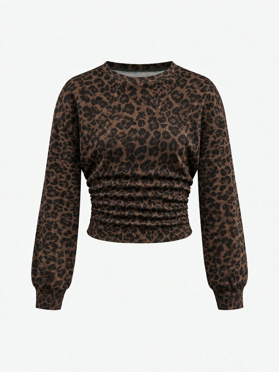 Tween Girl Tween Girl Leopard Print Lantern Sleeve Ruched Slim Waist Crop Pullover Fall Sweatshirt Vacation Family Photo Shoot Brown Zebra Print Casual 80s - Multicolor - View 1