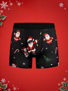 Notgurli Christmas Fun Print Cartoon Funny Santa Claus Gift Box Candy Cane Bell Snowflake Snowman Family Party Men's Mid-Length Flat Front Boxer Briefs - Black - View 8
