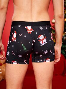 Notgurli Christmas Fun Print Cartoon Funny Santa Claus Gift Box Candy Cane Bell Snowflake Snowman Family Party Men's Mid-Length Flat Front Boxer Briefs - Black - View 2