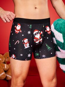 Notgurli Christmas Fun Print Cartoon Funny Santa Claus Gift Box Candy Cane Bell Snowflake Snowman Family Party Men's Mid-Length Flat Front Boxer Briefs - Black - View 5