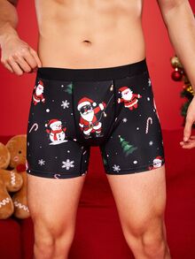 Notgurli Christmas Fun Print Cartoon Funny Santa Claus Gift Box Candy Cane Bell Snowflake Snowman Family Party Men's Mid-Length Flat Front Boxer Briefs - Black - View 1