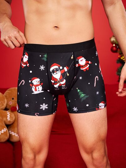Notgurli Christmas Fun Print Cartoon Funny Santa Claus Gift Box Candy Cane Bell Snowflake Snowman Family Party Men's Mid-Length Flat Front Boxer Briefs