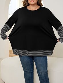 SHEIN CURVE+ 大码女式条纹拼接圆领长袖休闲宽松T恤 - 彩色 - 查看 5
