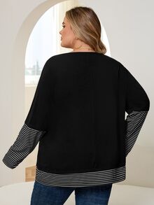 SHEIN CURVE+ 大码女式条纹拼接圆领长袖休闲宽松T恤 - 彩色 - 查看 2