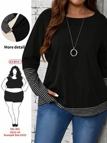 SHEIN CURVE+ 大码女式条纹拼接圆领长袖休闲宽松T恤 - 彩色 - 查看 1