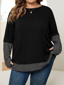 SHEIN CURVE+ 大码女式条纹拼接圆领长袖休闲宽松T恤 - 彩色 - 查看 8